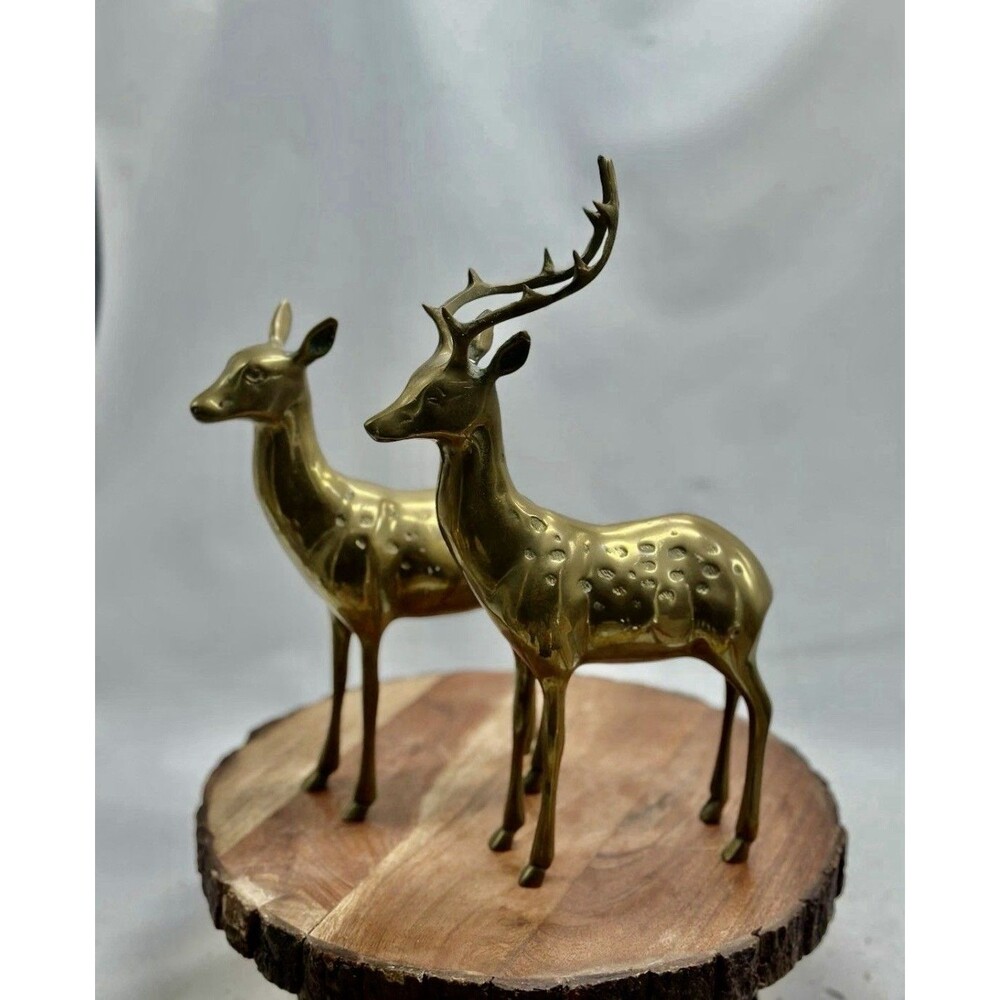 Brass Mid-Century Spotted Deer Doe Buck Antlers Pair